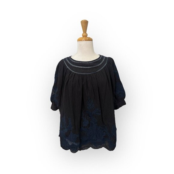 Anthropologie Salma Embroidered Peasant Blouse Size 0 Black Top - Picture 1 of 8
